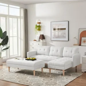 L-Shape Sofa Chaise Lounge with Ottoman Bench With White Fabric