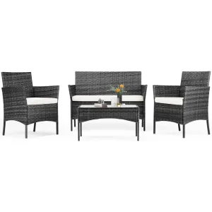 Patio Furniture Set 4 Pieces, Outdoor Furniture with Soft Cushion and Glass Table