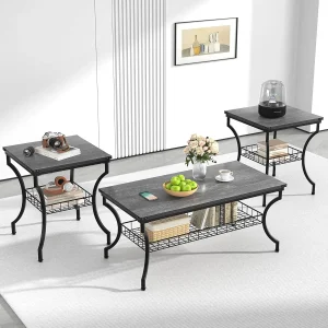 3 Pieces Living Room Table Sets, For Apartment, Home Office, Small Spaces