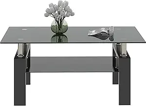 Black Glass Coffee Table Set of 3 Piece, Living Room Tables Set of 3 Pcs,