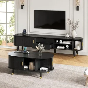 Wooden Farmhouse TV Stand & Coffee Table Set with Charging Station