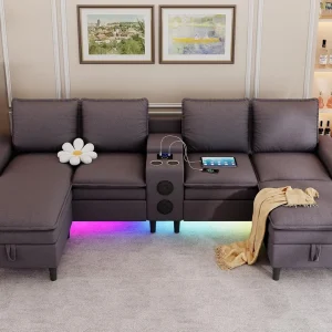 4 Seat Sectional Sofa with Smart Module-Bluetooth Speaker/RGB Light/Charging Station