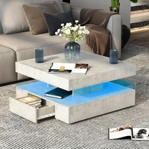 LED Coffee Table with 2 Storage Drawers for Living Room