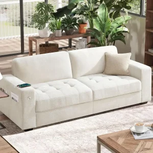 Chenille Fabric Couches (Beige, 89 inch) With USB/Type-C Port