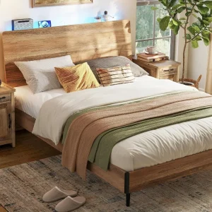 Wooden Platform Frame with Charging Station, No Box Spring Needed