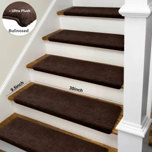 Bullnose Non-Slip Stair Treads -Ultra Plush- Washable Self-Adhesive Carpet Mats