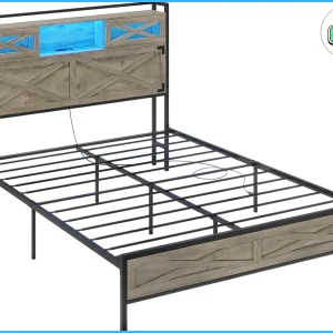 Platform Bed Queen Size with Charging Station and LED Lights