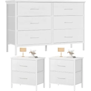 3 Piece White Dresser with 6 Fabric Drawers for Bedroom Sets Modern