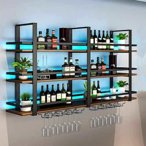 39.4in Large Wine Bottles Display Shelf with Glasses Holder, 3 Tier Metal Bar Shelves.