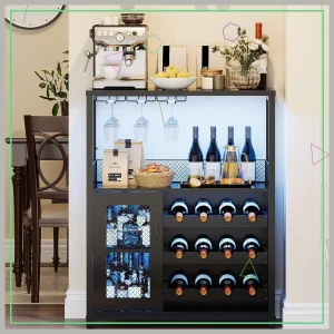 3-Tier Wine Bar Cabinet with LED Lights, Storage Rack & Glass Holder.
