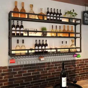 47 Inch Metal Wine Rack Wall Mounted, Bar Shelves Wall Mounted with LED Light