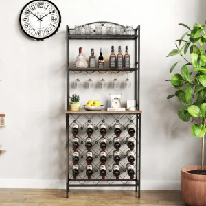 3-Tier Liquor Bottle and Glass Holder with Storage Shelves, Metal and Wood Wine